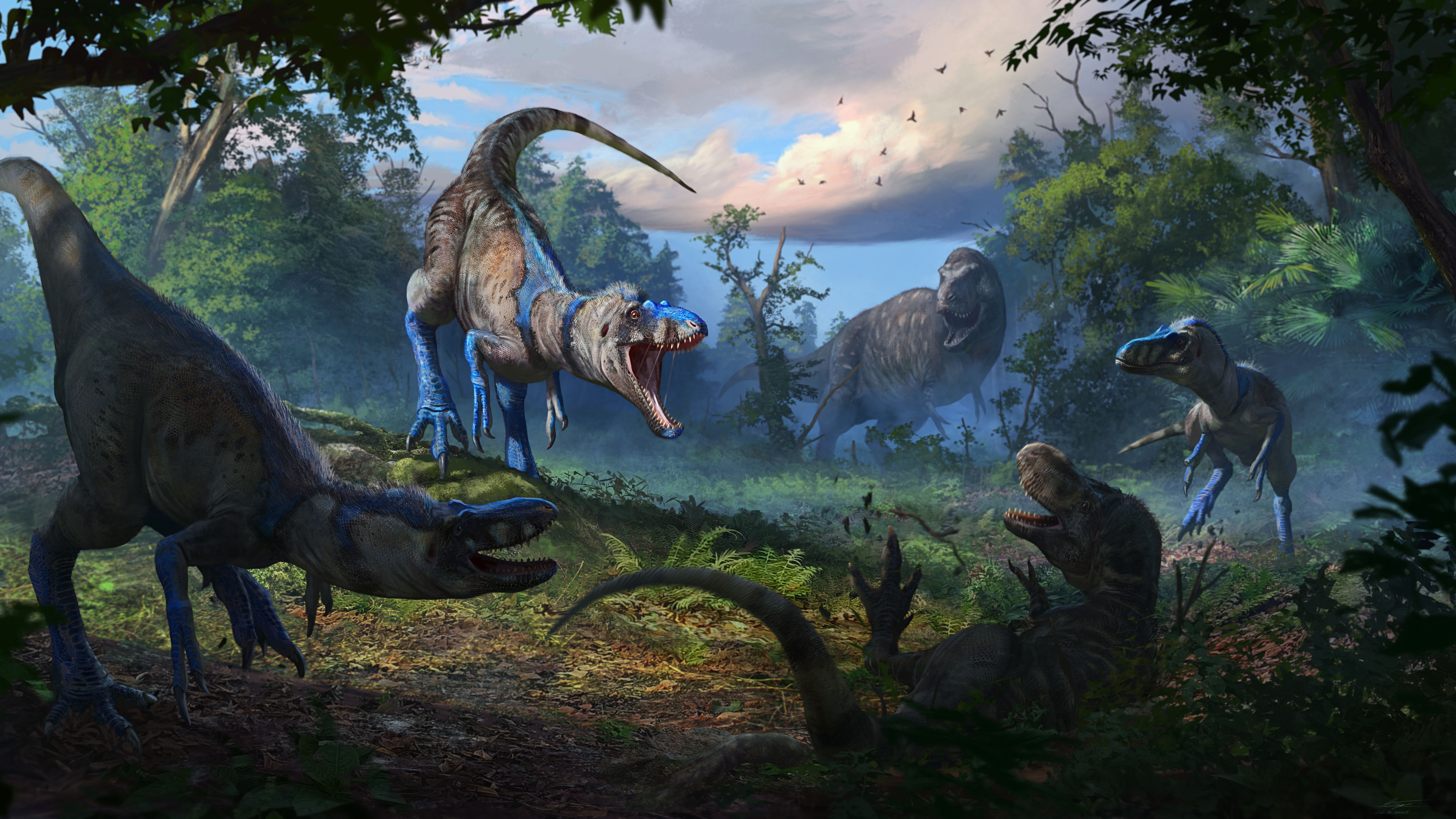 In this illustration, a pack of <em>Nanotyrannus</em> attacks a juvenile <em>T. rex. </em>Scientists say a well-known fossil shows that there was more than one tyrannosaur species roaming the Earth. <br>